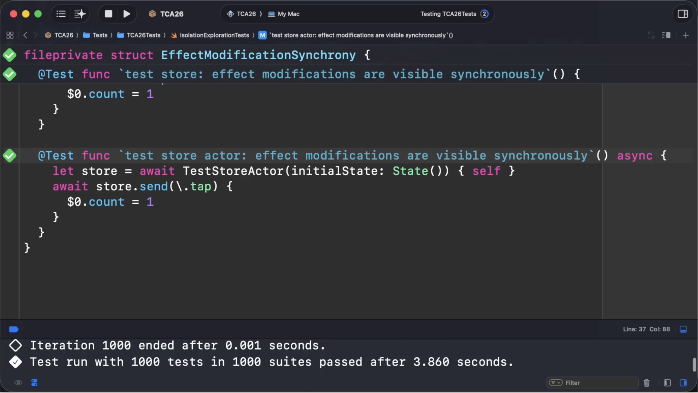 A screen shot of TCA2’s new TestStoreActor type, which isolates features to an actor so that they can run on any thread.