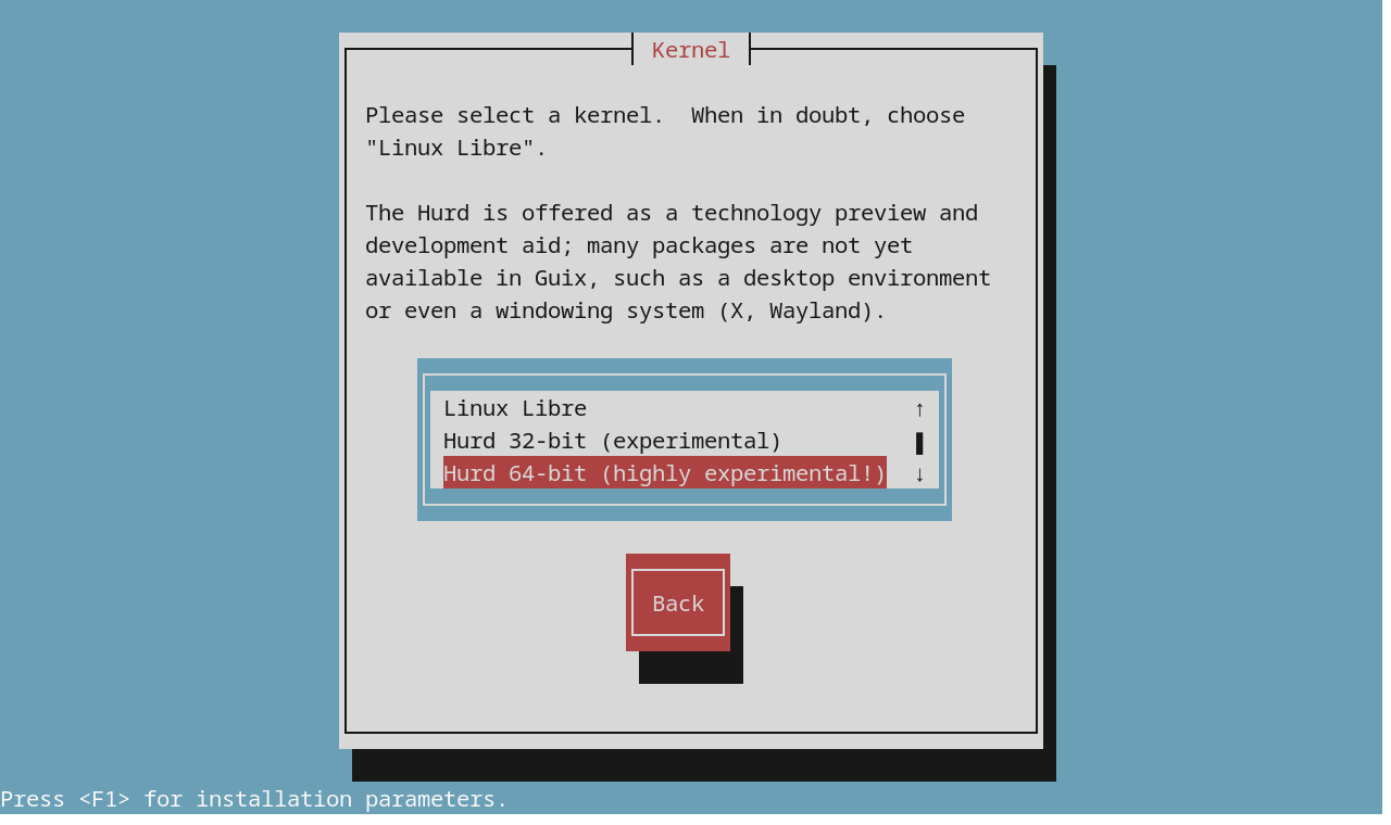 The installer screen showing selecting the Hurd 64-bit and marking it as experimental