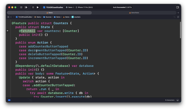 A screen shot of a TCA2 feature interacting with a SQLiteData type.