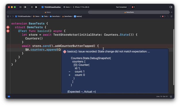 A screen shot showing an exhaustive test failure in TCA2+SQLiteData.