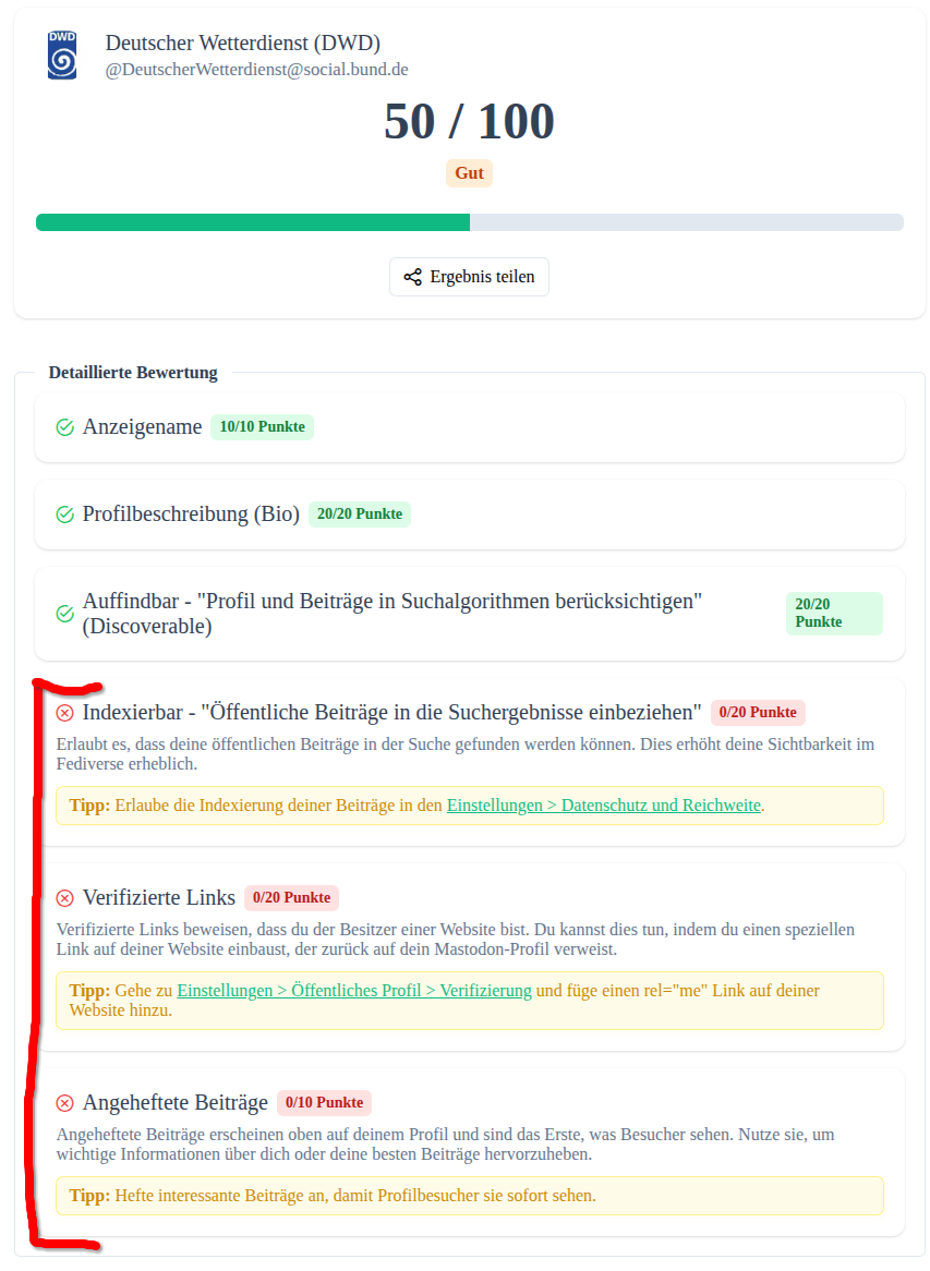Screenshot von Mastodon Account Tool vom Deutschen Wetterdienst es fehlen indexierbar, verizifierte links und angeheftete beiträge Screenshot von Mastodon Account Tool vom Deutschen Wetterdienst es fehlen indexierbar, verizifierte links und angeheftete beiträge