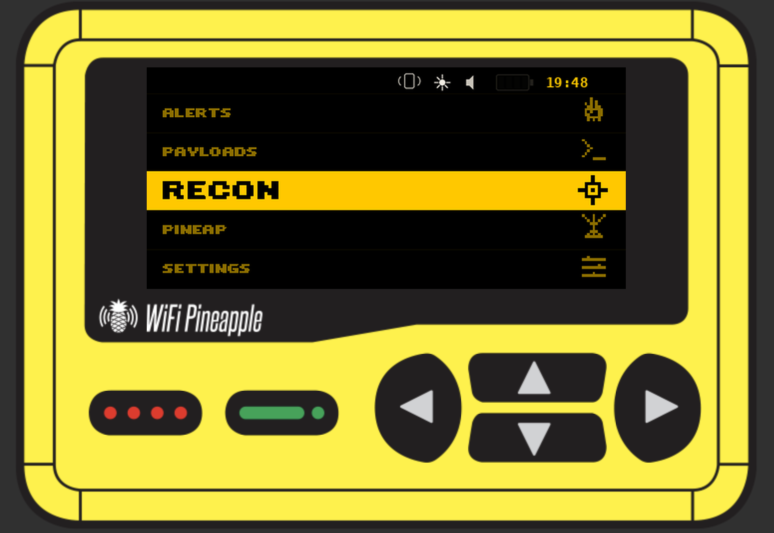 Frondy theme for the Hak5 WiFi Pineapple Pager - black and yellow high-contrast UI showing the Recon dashboard