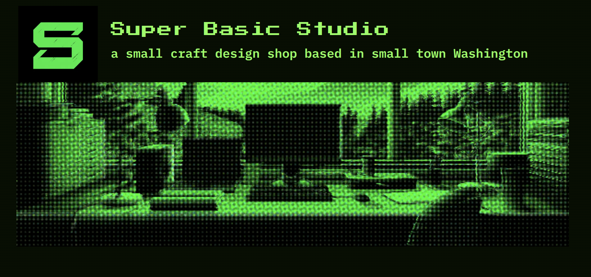 digital pixel graphic of super basic studio office in Washington state, green retro pixel vibes of a desk and computer
