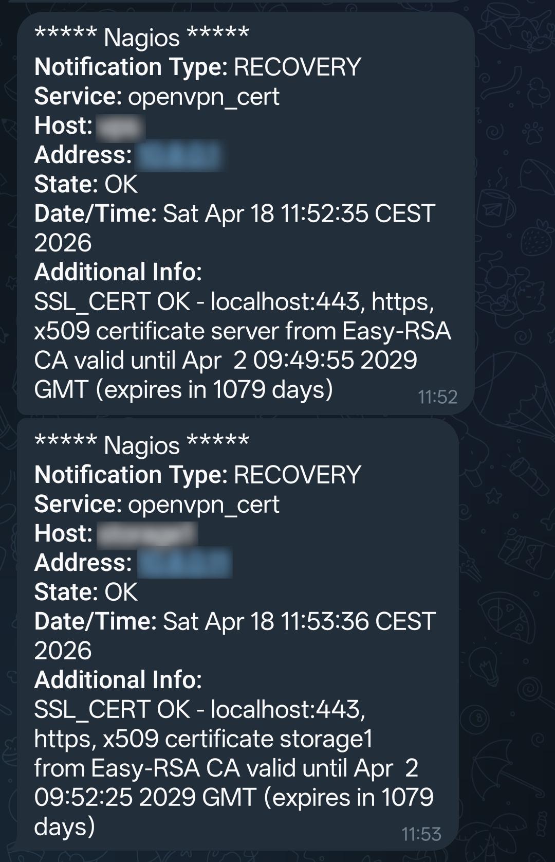 Screenshot of a Telegram channel with two recovery notifications sent by Nagios saying the OpenVPN TLS certificates are now valid for 1079 days