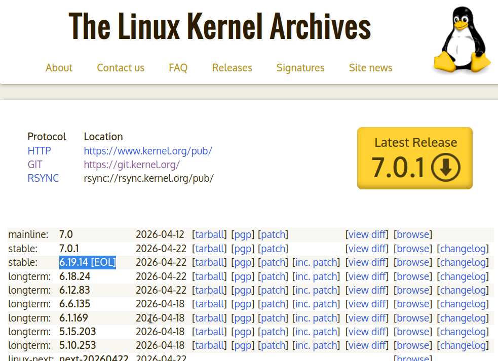 screenshot from kernel.org, with the 6.19.y EOL line highlighted