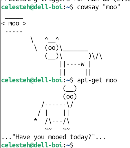 The command line outputs for 'cowsay "moo"' and for 'apt-get moo'. The bovines face opposite directions. The apt-get animal appears to be dead.