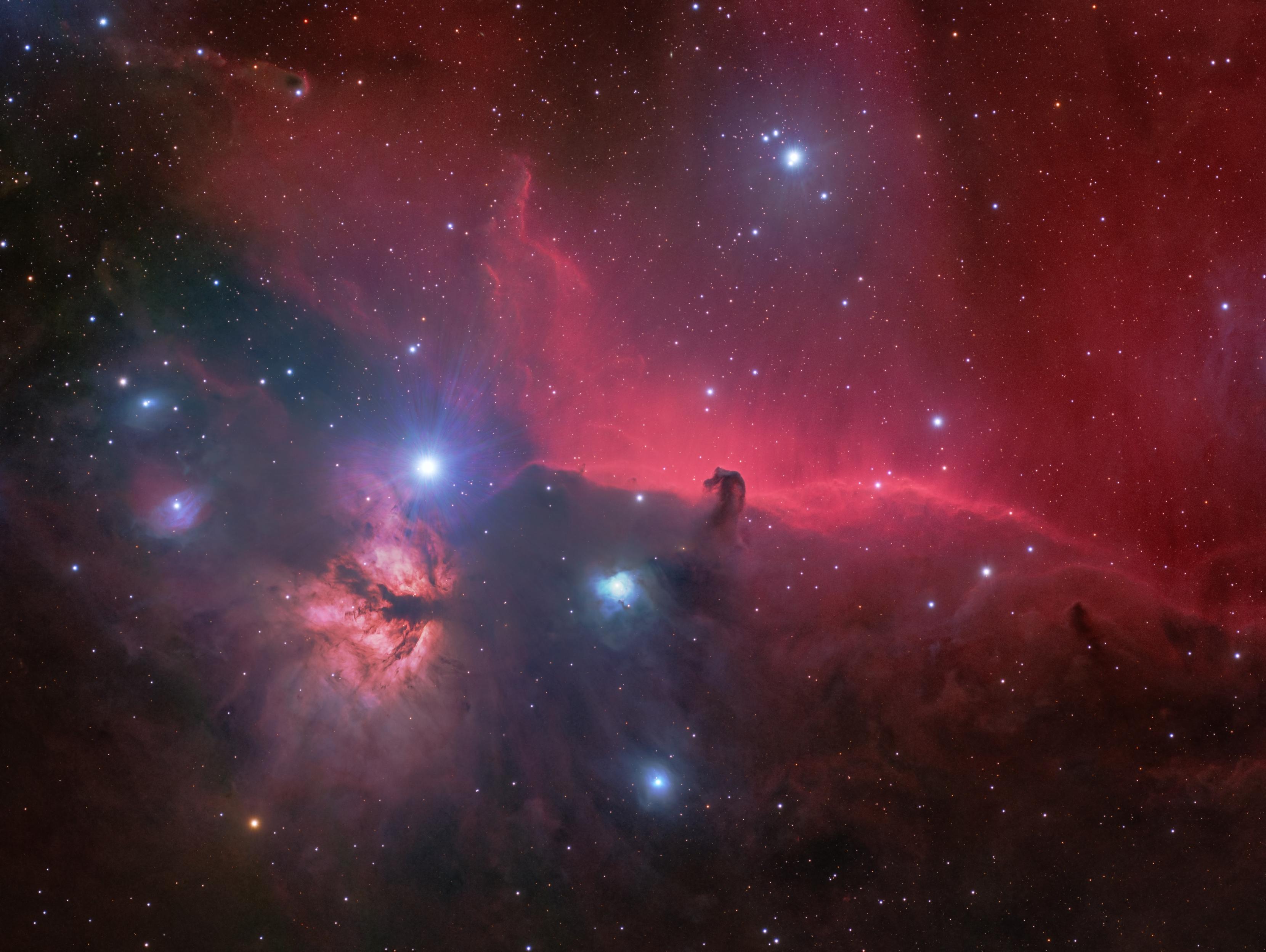 The famous Horsehead nebula in Orion and the surroundings, including the Flame nebula and some other nebulas. An extremely "busy" region of space.