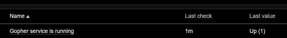 a Zabbix check showing "Gopher service is running" is curently "Up (1)"