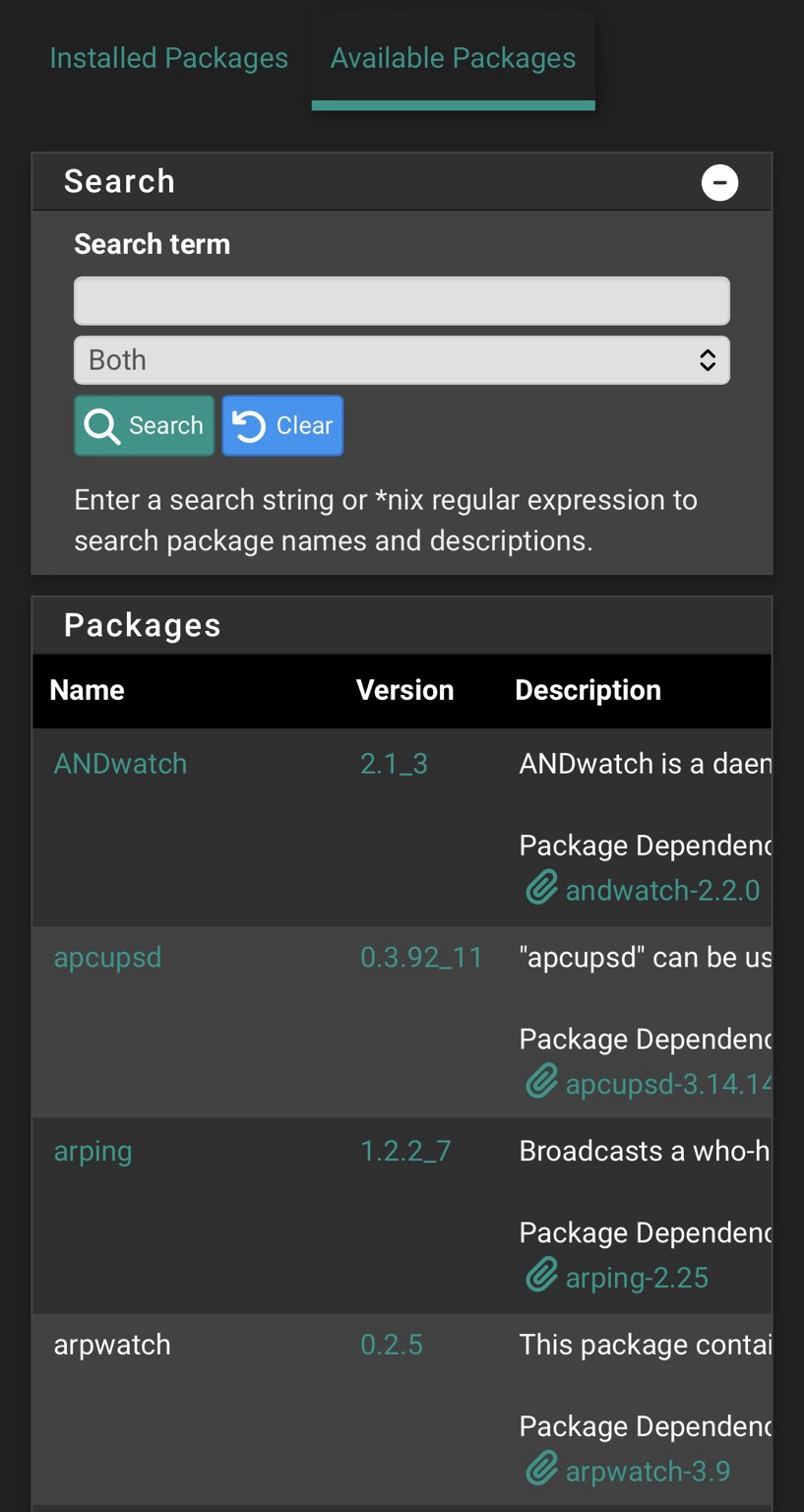 An image of the pfSense package manager GUI