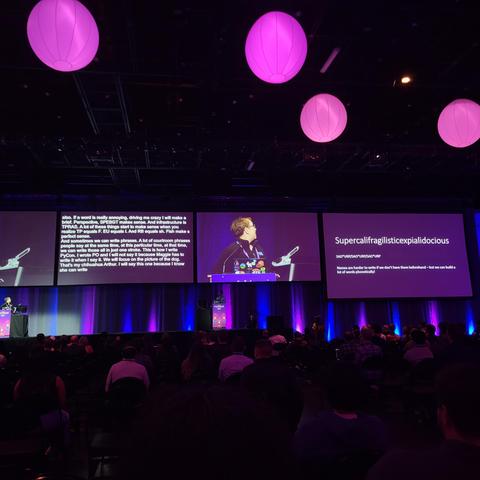 PyCon US 2026 slide "I will say this because I know she can write [it]"

The slide currently shown shows the word "Supercalifragilisticexpialidocious" along with some steno shortcuts for it.