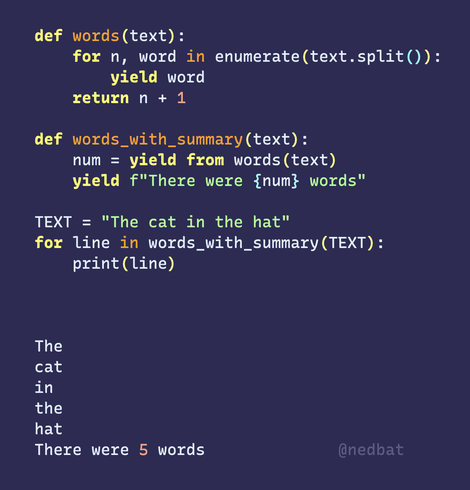 An example of a generator that also produces one last value, which is used by the `yield from` in the caller. Complete text at https://gist.github.com/nedbat/586ac9a3390b17063fe8e80b9d15559e