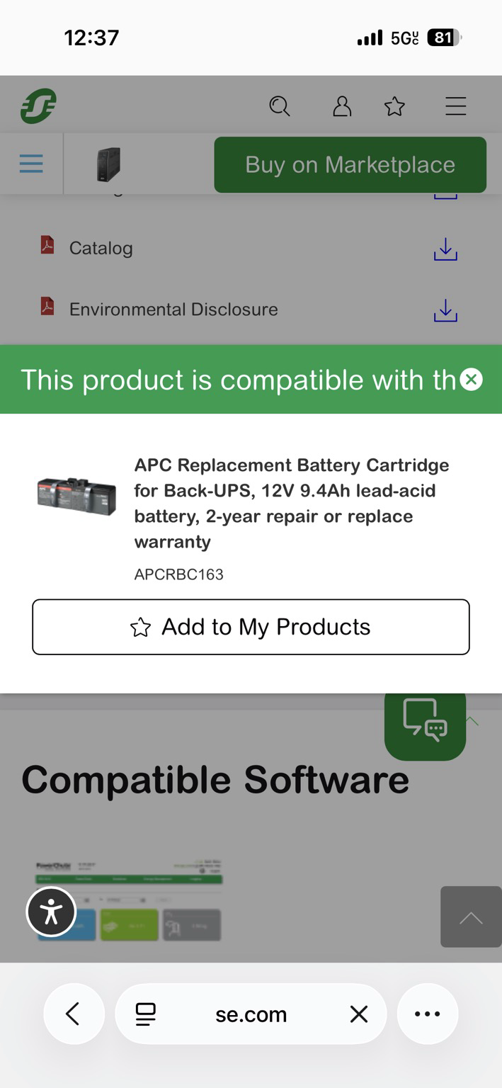 Image of the Schneider Electric website showing the compatible replacement battery for a random UPS