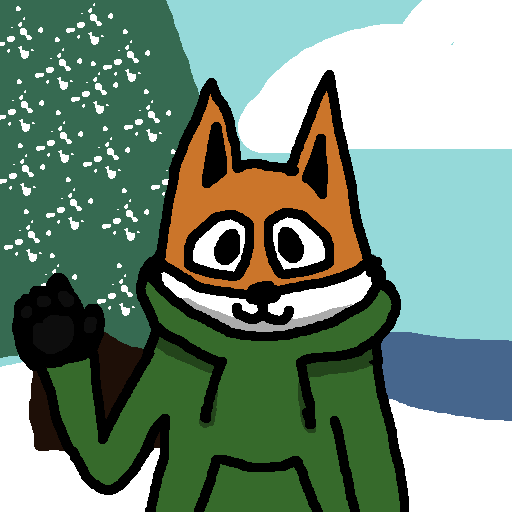 An orange fox in a green hoodie waving towards you. In the background, there is a tree covered in snow, snow, and a freezing lake.