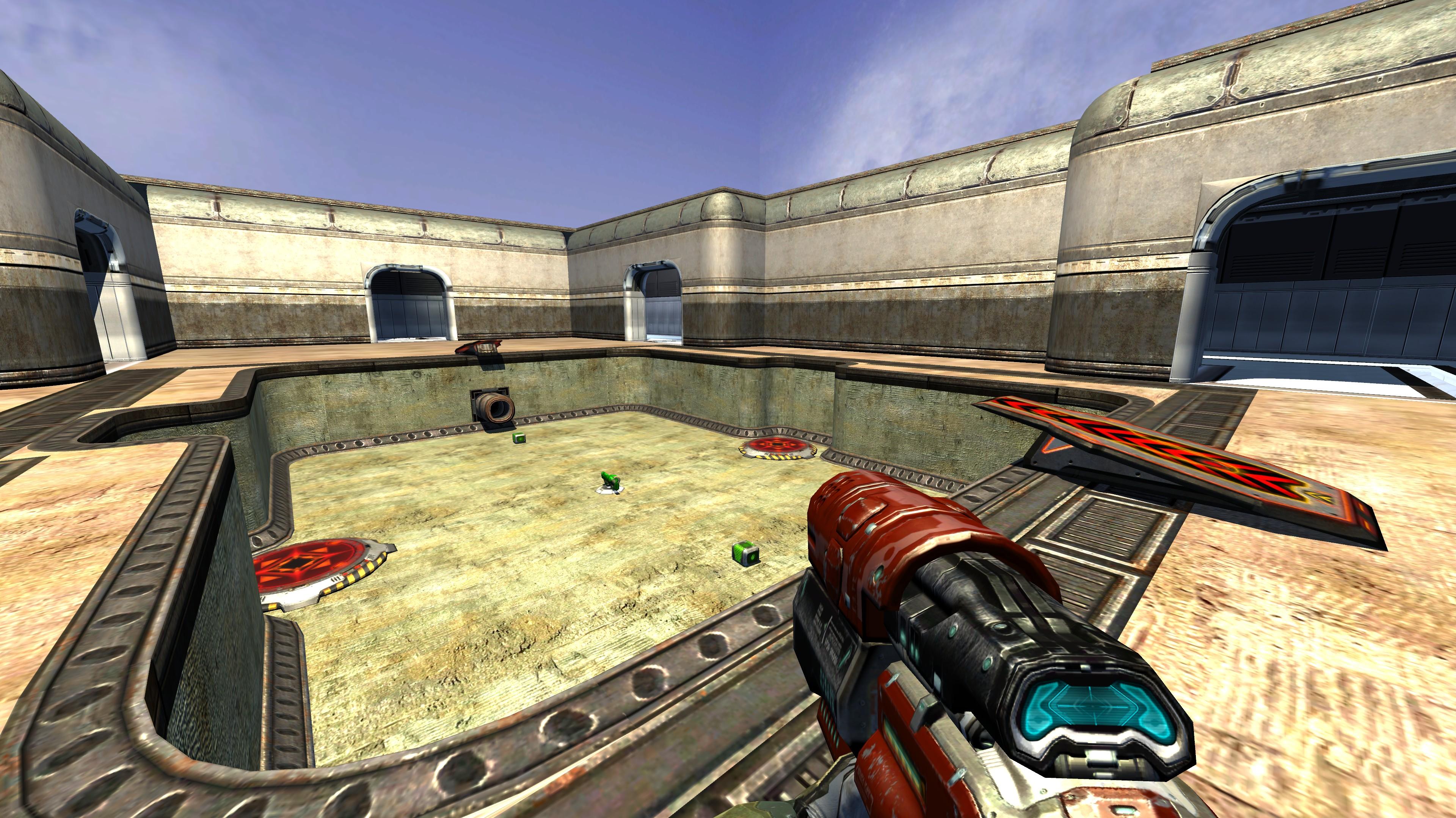 An empty swimming pool contains two jump pads and a grenade launcher with some ammo in this Quake 4 reimagining of the "Pool Day" map.
