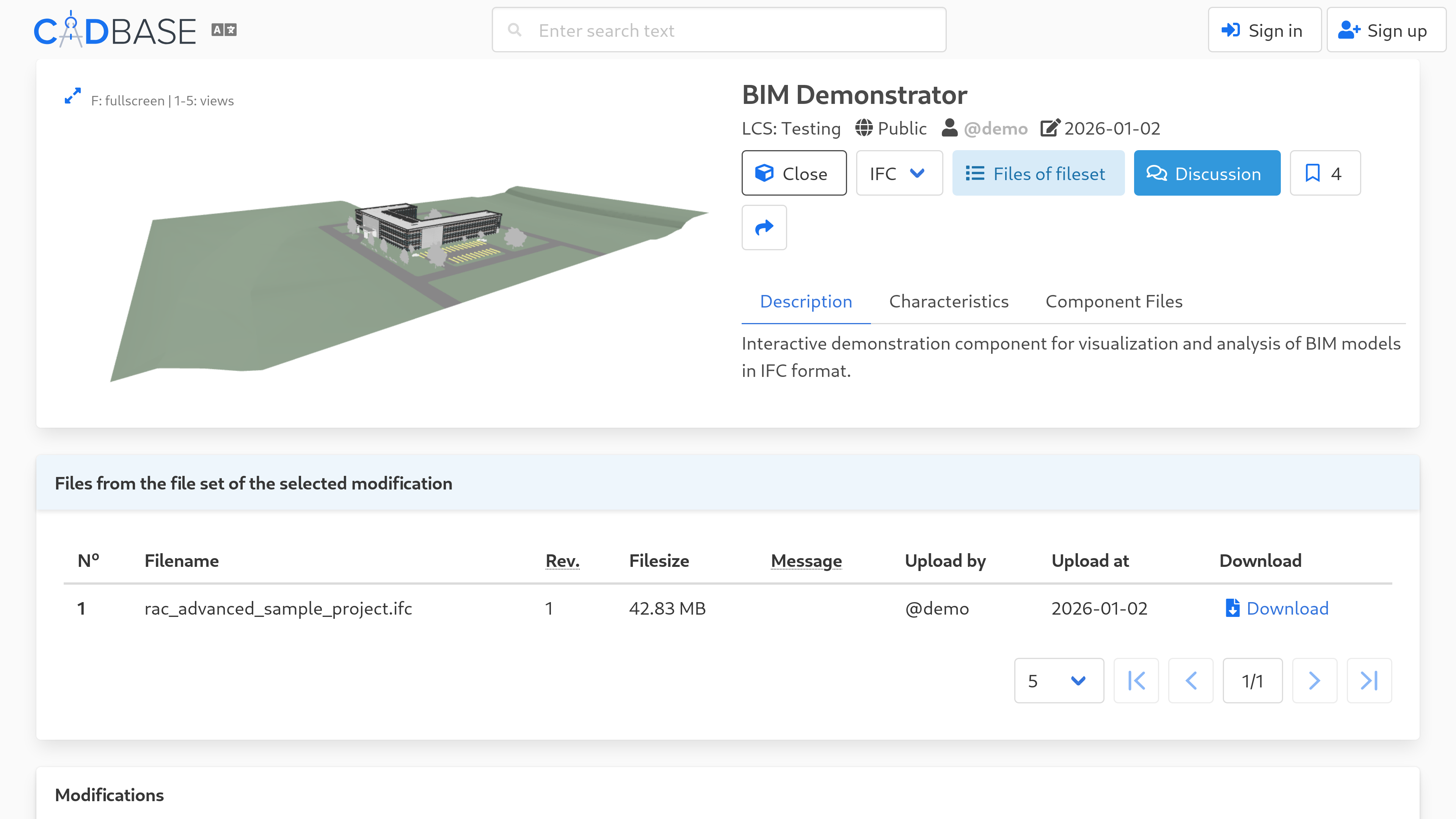CADBase web interface showing a 3D BIM model viewer with a 42 MB IFC file project