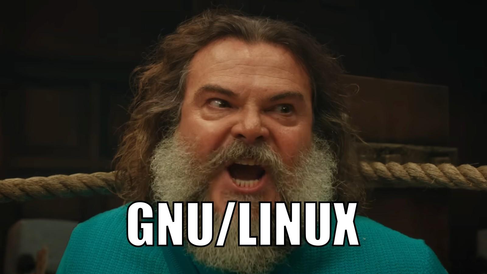 A bearded Jack Black playing as Minecraft Steve shouting GNU/LINUX