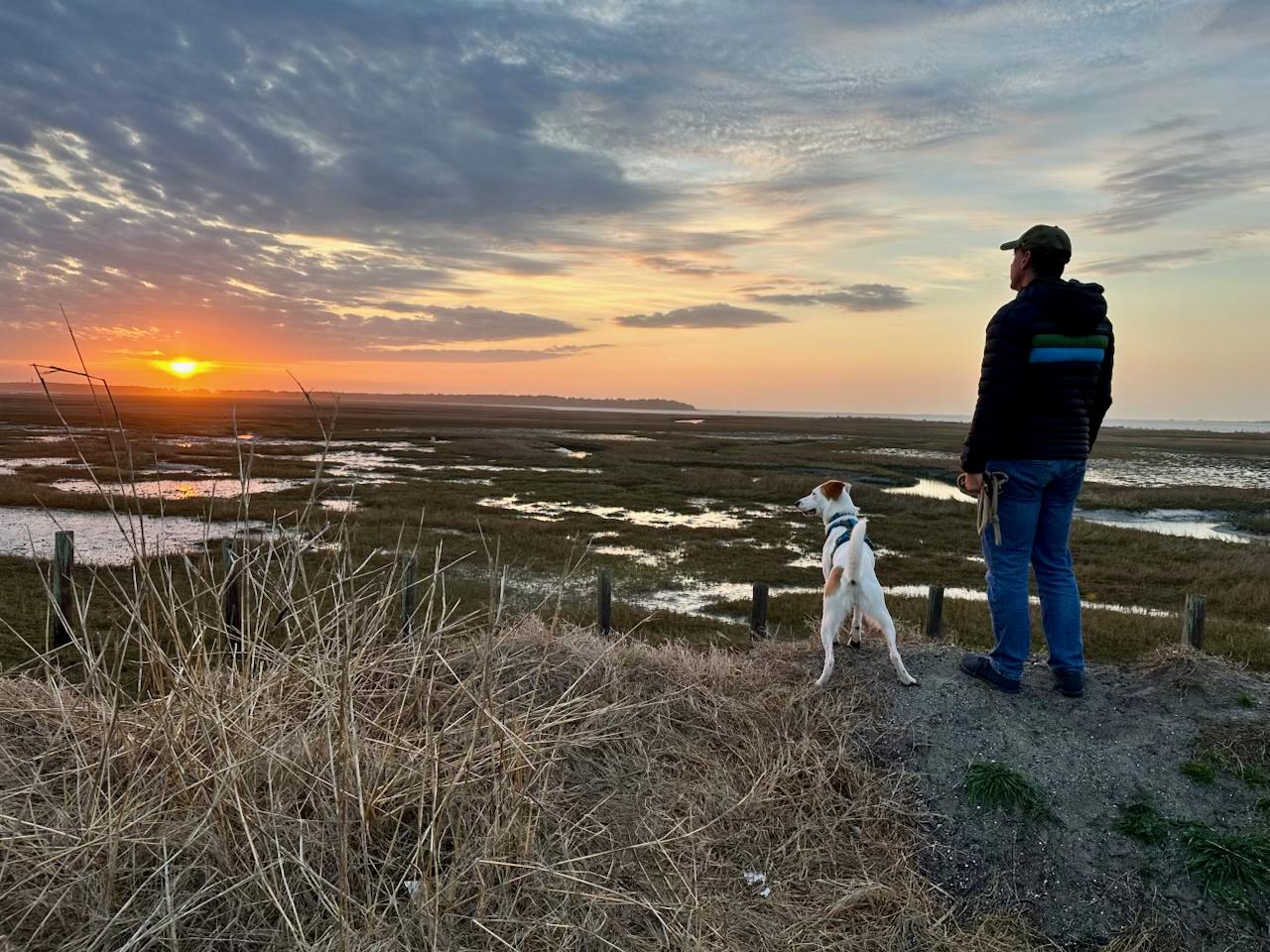 This is a good generic photo of myself and my dog looking out on the sunset.
