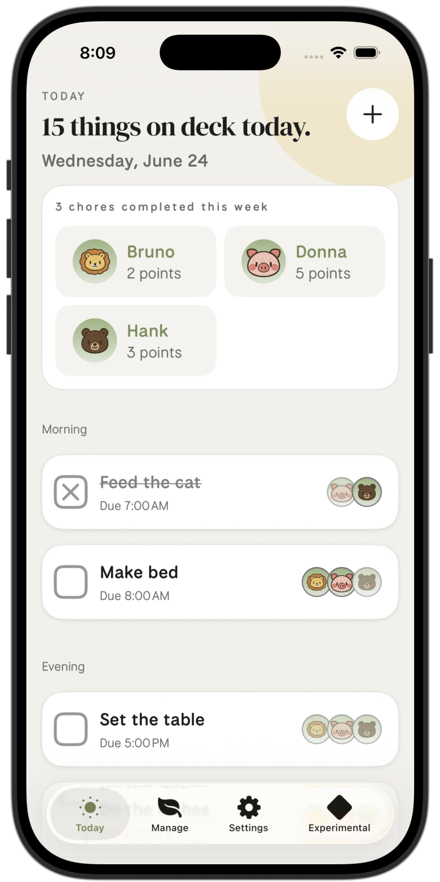 A screenshot of the Carrot Kids app, on the Today view, which indicates the participants (Bruno with 2 points, Donna with 5 points, and Hank with 3 points), along with chores due that day. The chores listed are Feed the cat, completed by Hank, Make bed, completed by Bruno and Donna, and Set the table, which has yet to be completed.