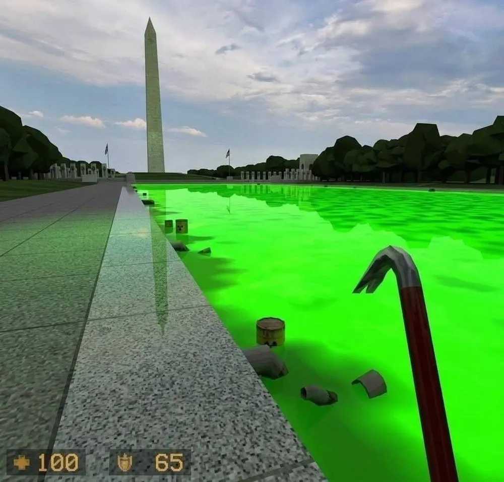 reflecting pool full of green slime and barrels and you're carrying a crowbar in the style of Half Life 