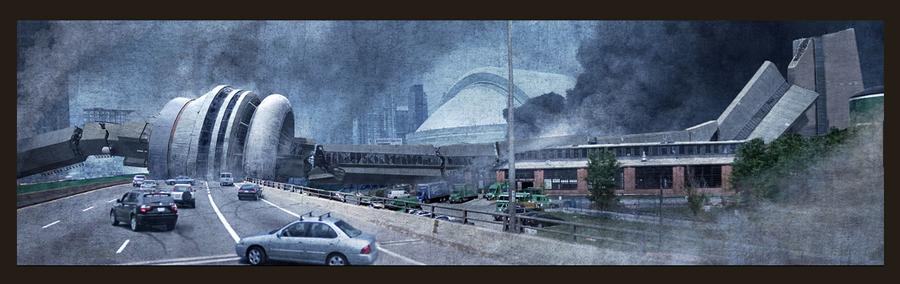 Photoshop/render of the CN tower collapsed onto a freeway.
