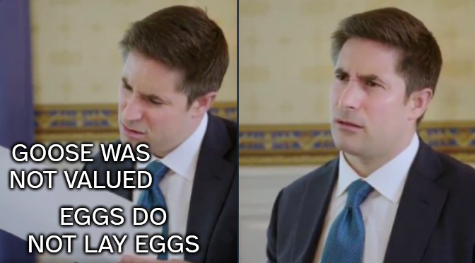 Jonathan Swan squinting incredulously at a piece of paper and then at Donald Trump in his historic interview in two shots. The paper is captioned "Goose was not valued" and "Eggs do not lay eggs". Swan's puzzled expression conveys a sense of "what the fuck did I just read"