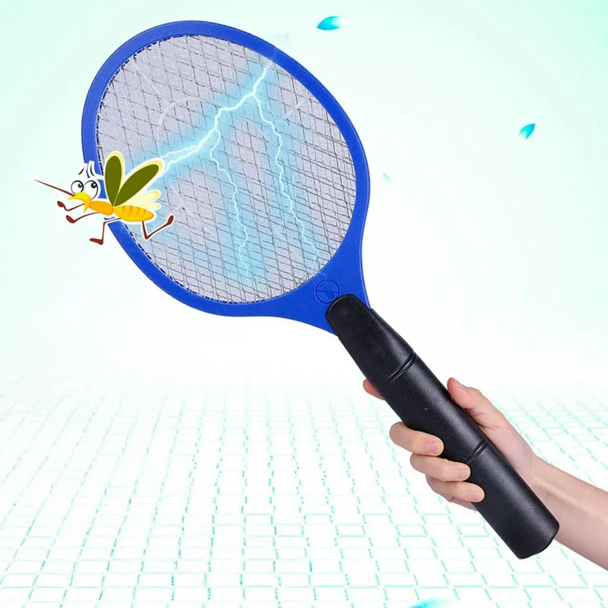 A blue plastic "tennis" racket, with a graphic of lightning and a mosquito being electrocuted in it