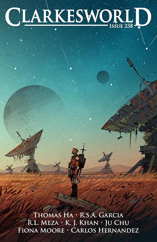 The cover for issue 238 of the Clarkesworld magazine. Features a lone male figure in a sci-fi landscape, looking up into the sky.It is a starry blue sky, with the silhouette of planets, and some decrepit looking satellite dishes on the ground.