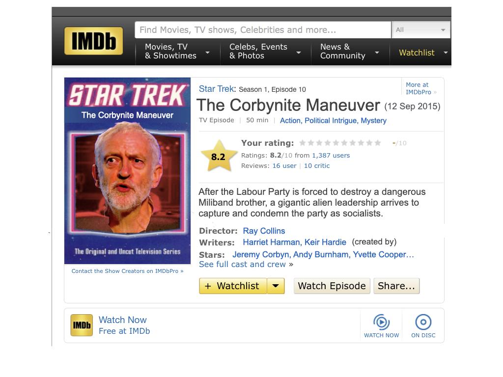 A screen grab from an IMDB entry for an episode of the original Star Trek TV series called 'The Corbomite Maneuver' which has been doctored to say 'The Corbynite Maneuver' and featured Jeremy Corbyn's head in place of where an alien's head originally featured.