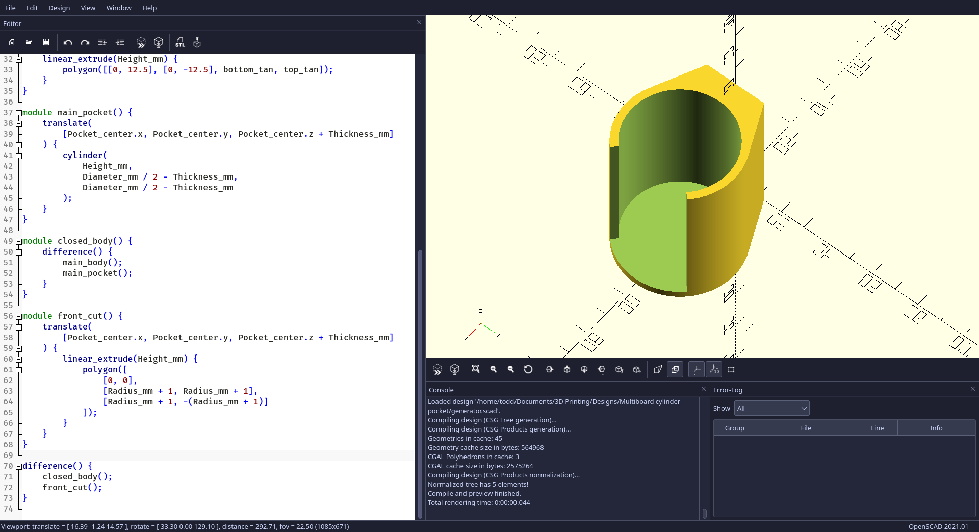 OpenSCAD screenshot. A model of a cylindrical pocket with an open front is being generated... with lots of pointy edges.