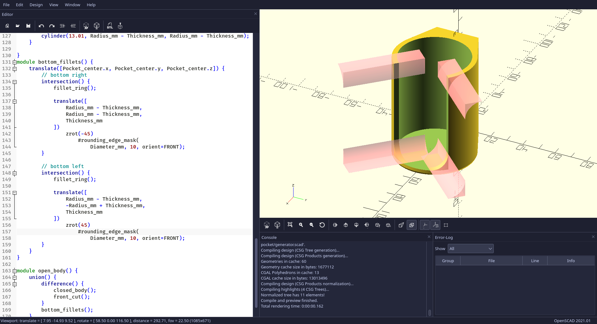 OpenSCAD screenshot of the chamfered/filleted model, with the masks for the rounding of the front "cut" highlighted in red