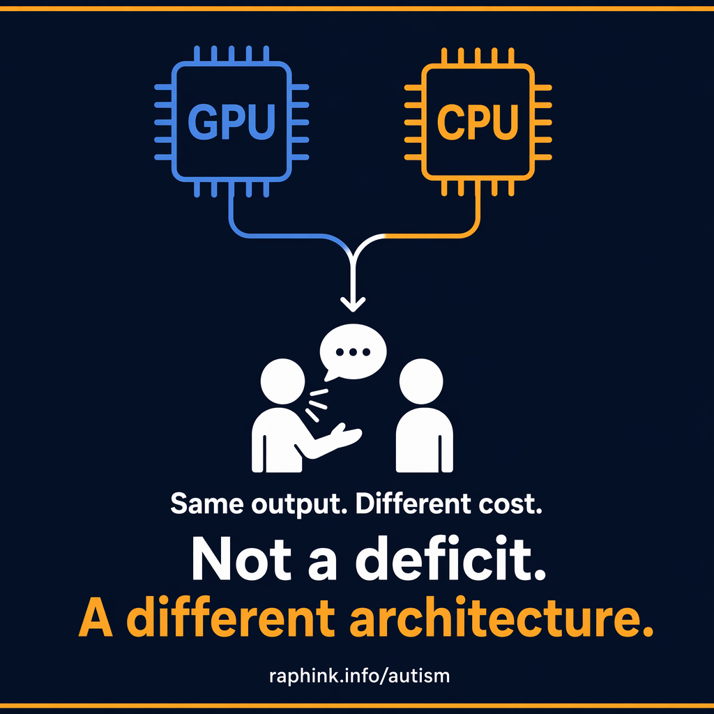 A GPU chip (blue) and CPU chip (amber) both connecting to two figures in conversation. Text reads: "Same output. Different cost. Not a deficit. A different architecture. / raphink.info/autism"