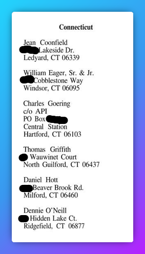 CONNECTICUT

Jean Coonfield
[ REDACTED ] Lakeside Dr.
Ledyard, CT 06339

William Eager, Sr. & Jr.
[ REDACTED ] Cobblestone Way
Windsor, CT 06095

Charles Goering
c/o API
PO Box [ REDACTED ]
Central Station
Hartford, CT 06103

Thomas Griffith
[ REDACTED ] Wauwinet Court
North Guilford, CT 06437

Daniel Hott
[ REDACTED ] Beaver Brook Rd.
Milford, CT 06460

Dennie O'Neill
[ REDACTED ] Hidden Lake Ct.
Ridgefield, CT 06877