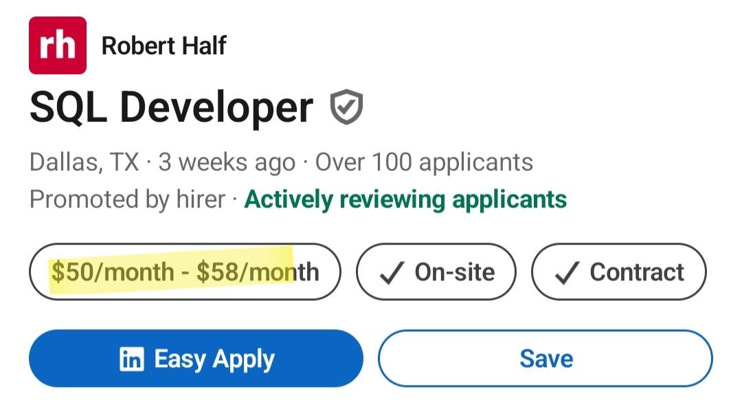 SQL Developer job posting with a salary range of $50/month - $58/month