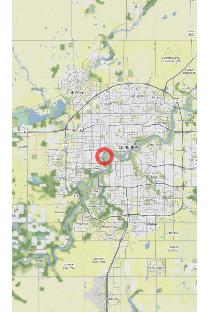 Map of the location of the observation: River Valley Mayfair, Edmonton, AB, Canada, (latitude: 53.53, longitude: -113.56).