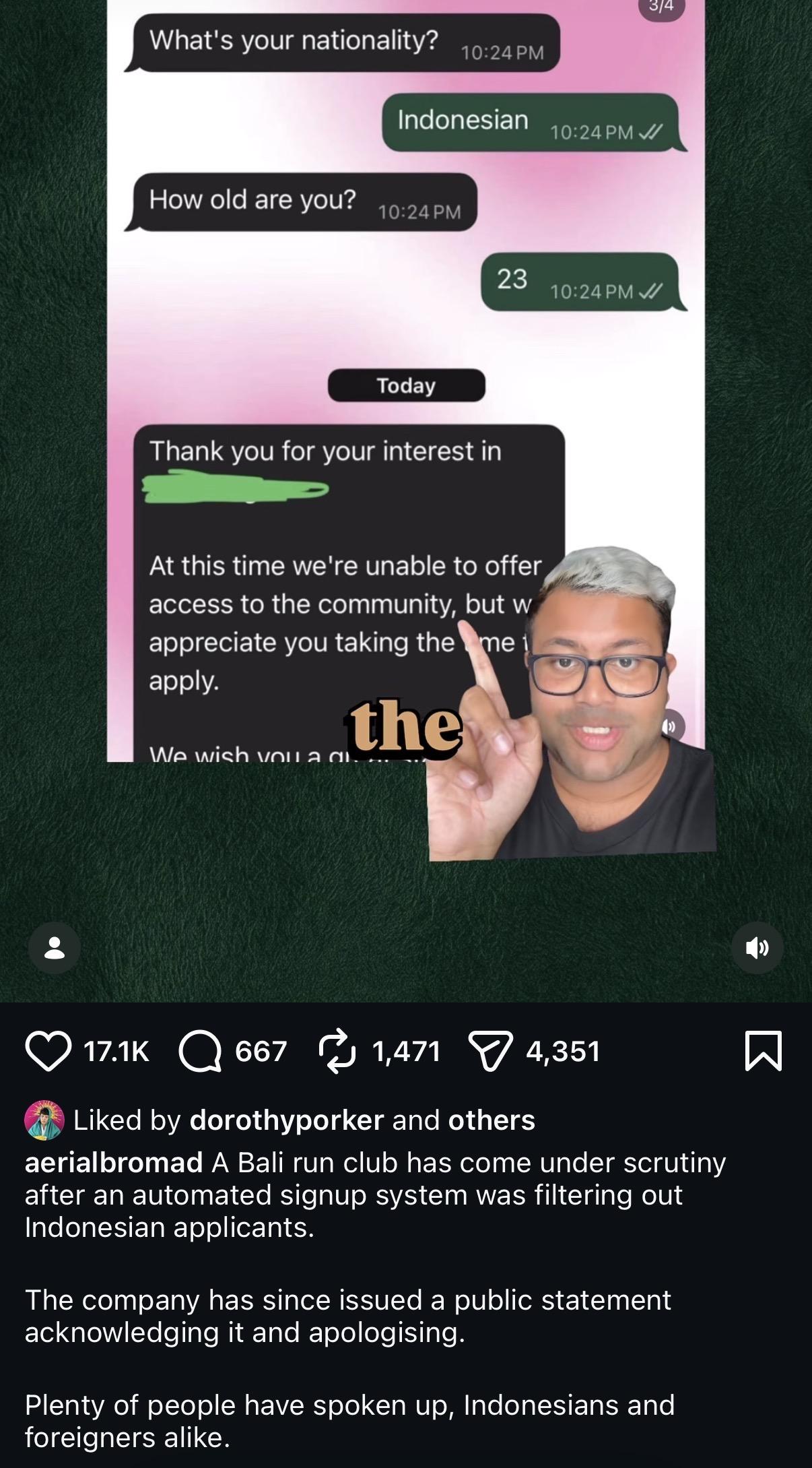 A screenshot of a story that says Bali digital nomads are excluding Indonesians from run club and other events
