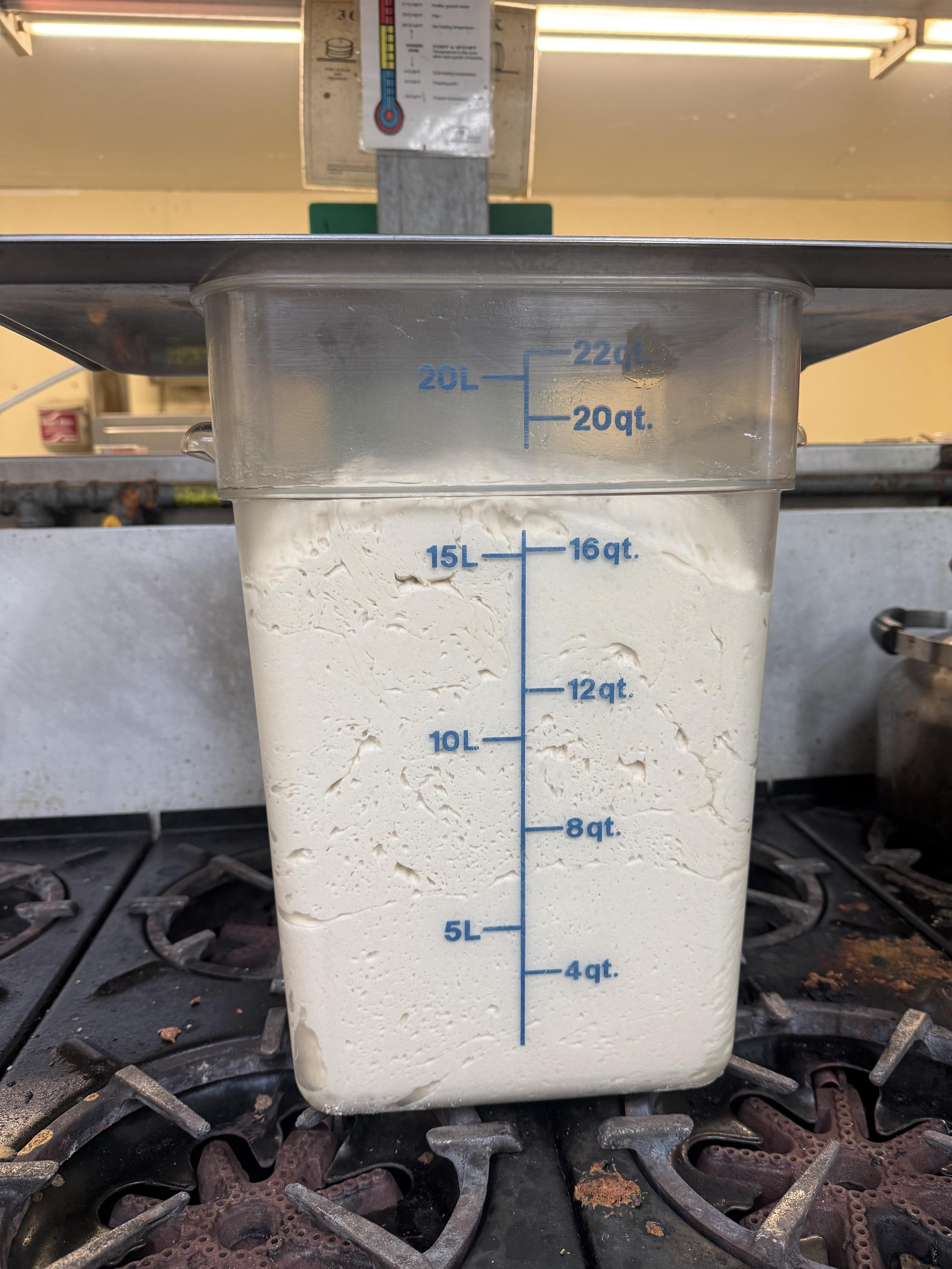 A 20L square cambro container, with rising bread dough up to about the 17L mark. It’s covered with a hotel pan lid and sitting on top of the pilot light area of a commercial gas stove