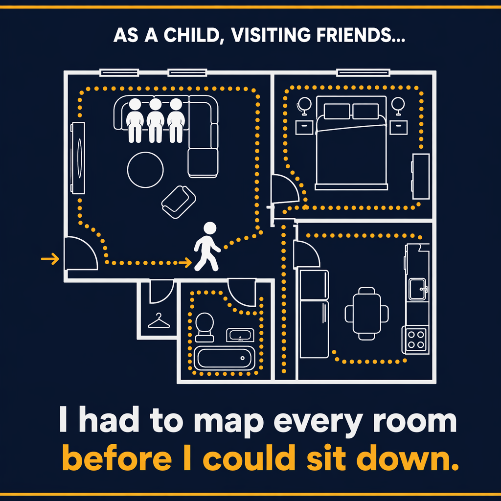 A floor plan of an apartment with a dotted amber path tracing through every room. A figure walks from the entrance. Header reads "As a child, visiting friends..." Text reads: "I had to map every room before I could sit down."