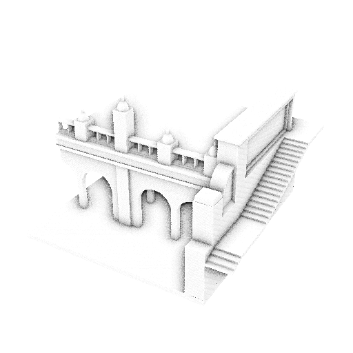Screenshot of an unblurred occlusion map from screen-space ambient occlusion.  The model is a colonnade with stairs on the right and a set of columns on the left, supporting a balcony.
