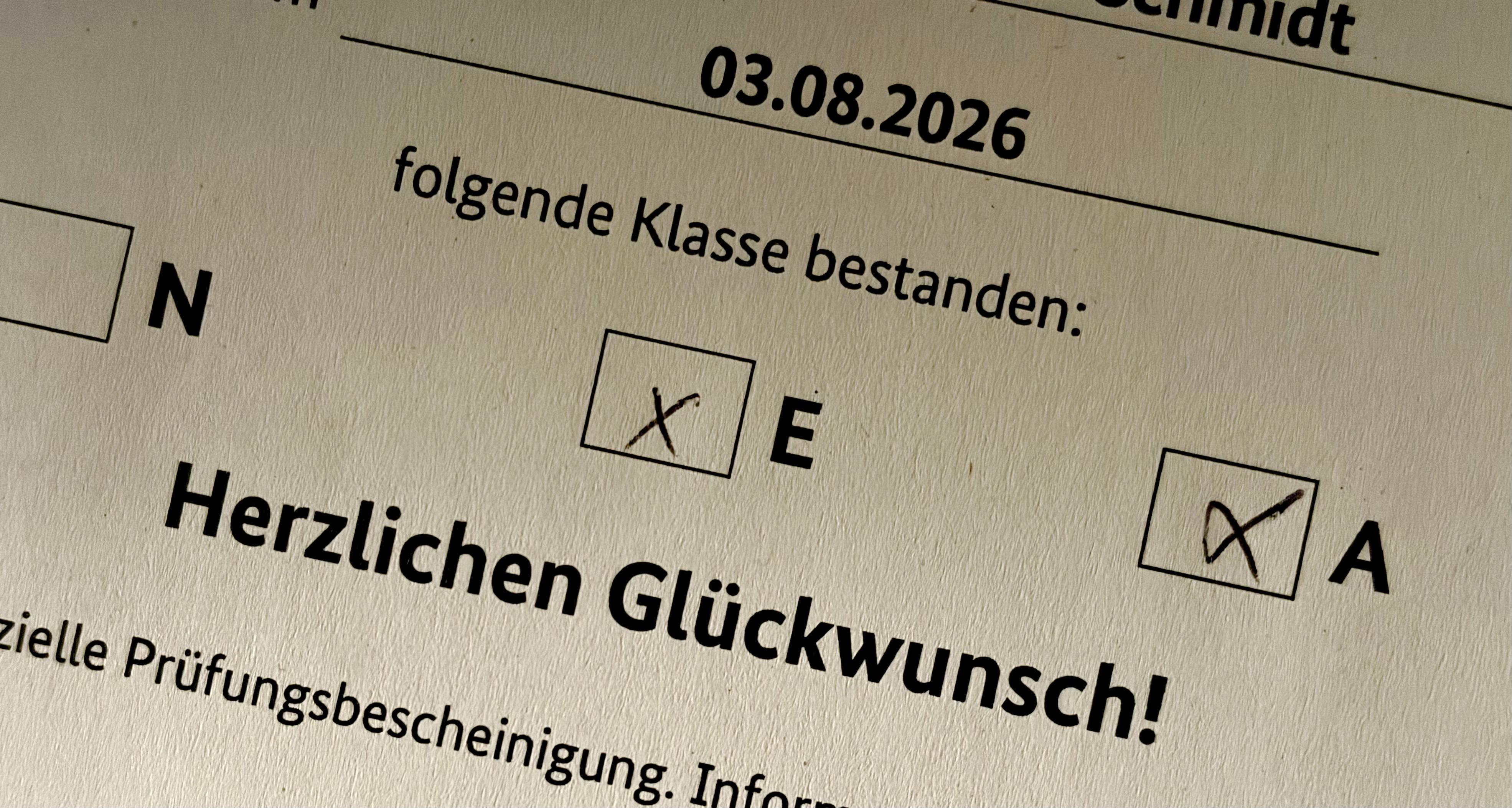 Ausschnitt aus der Amateurfunkprüfungsergebnisvorschau: folgende Klasse bestanden: A