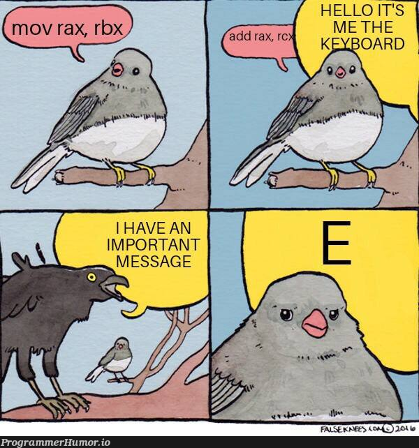 False knees comic with a starling (representing the processor) saying x86 assembly instructions the crow appears proclaiming “HELLO IT’S ME THE KEYBOARD” “I HAVE AN IMPORTANT MESSAGE”. The starling looks unimpressed, the keyboard/crow’s message is “E”.