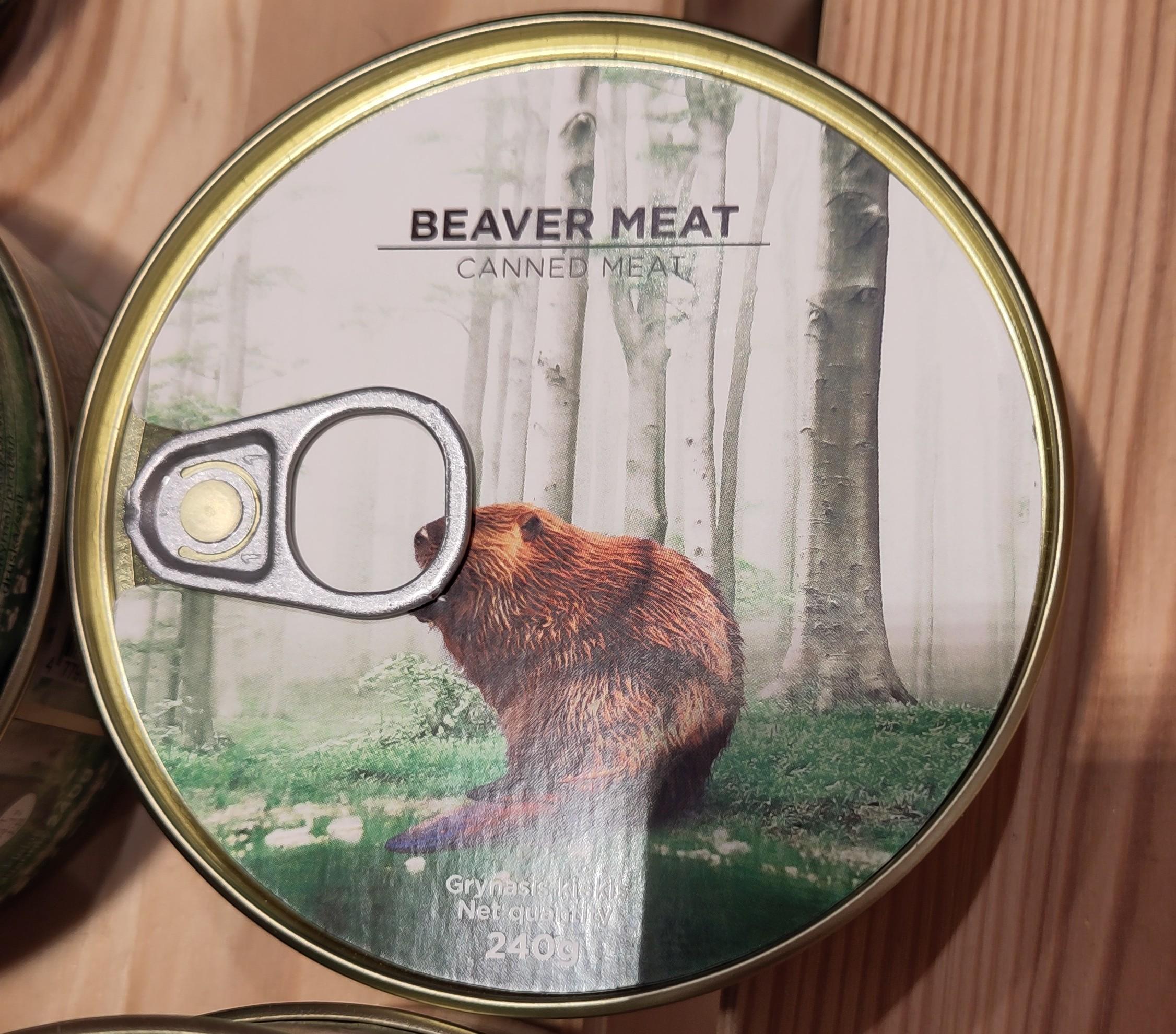A tin of beaver meet. It has a drawing of a beaver.