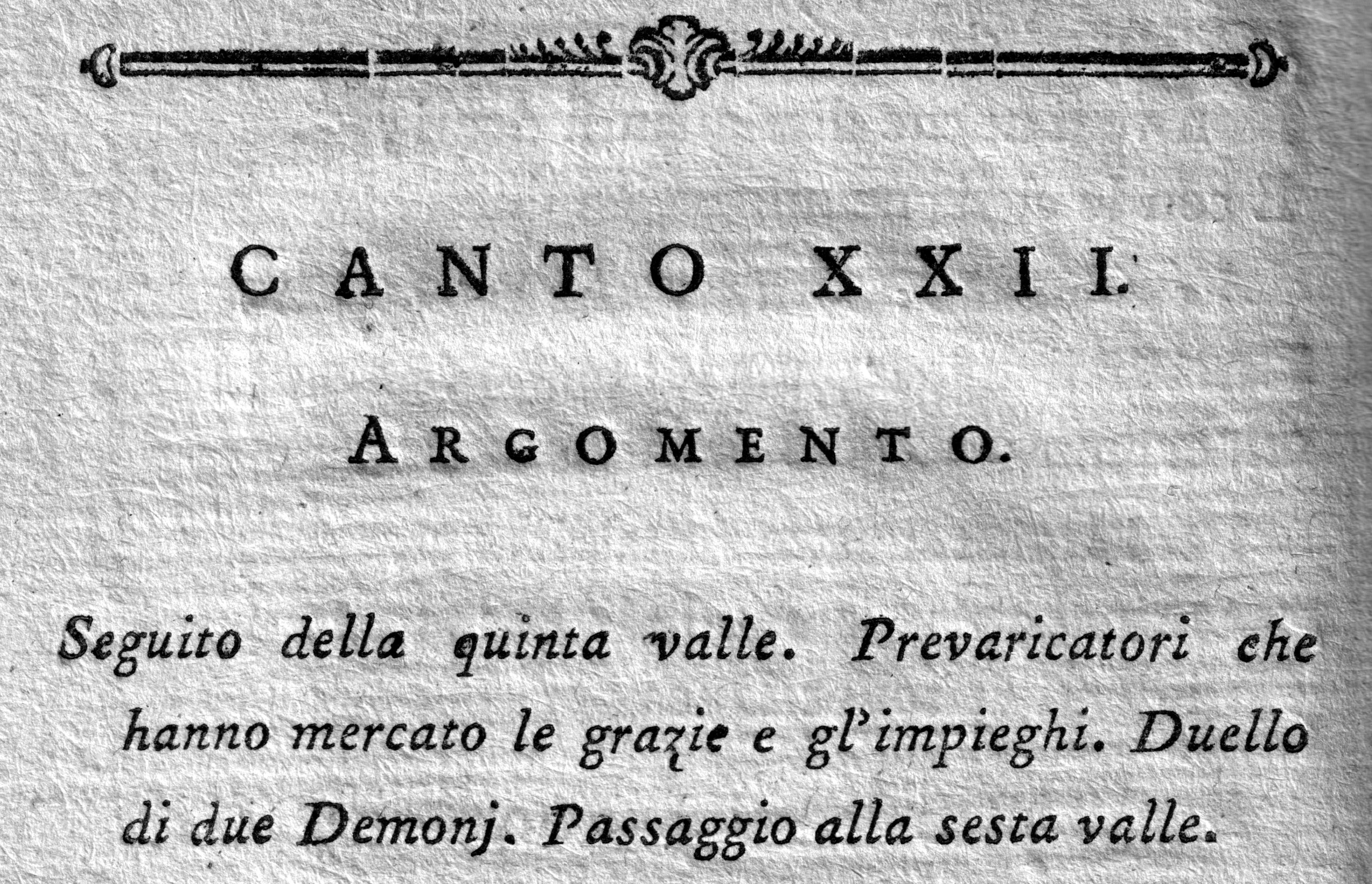 Closeup of a page from a 1787 edition of Dante's Inferno.
