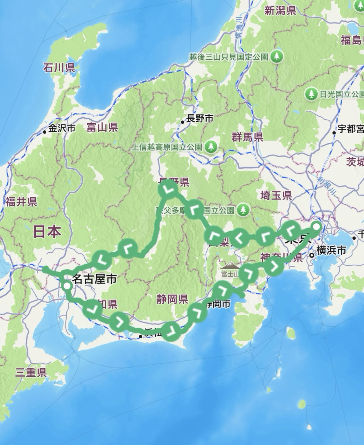 Route from Tokyo to Nagoya on a map