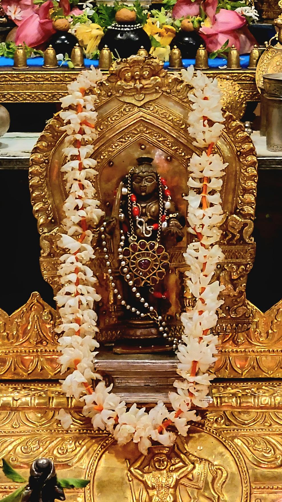 Closeup of a copper idol of Hindu deity Krishna with gold backing. A string of pearls, and another string of precious stones around the idol. A string of white flowers with orange stems ("paarijaatha" flowers) around the idol.