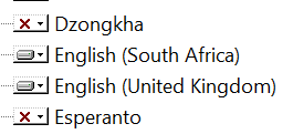 An installation UI listing four languages supported with a check box in front of each language. The first and last languages are unselected as indicated by a red X. The second and third languages are selected:

Dzongkha
English (South Africa)
English (United Kingdom)
Esperanto