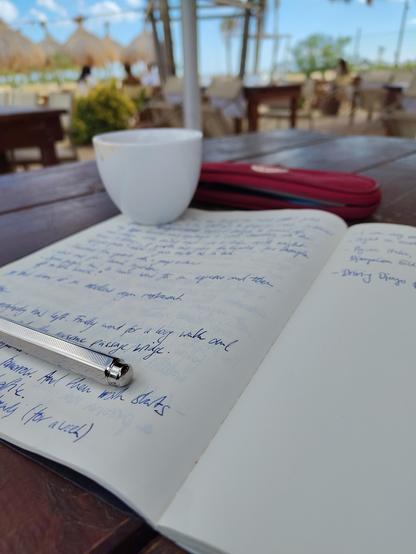 A notebook with some handwritten notes and an unfortunately empty cup of coffee