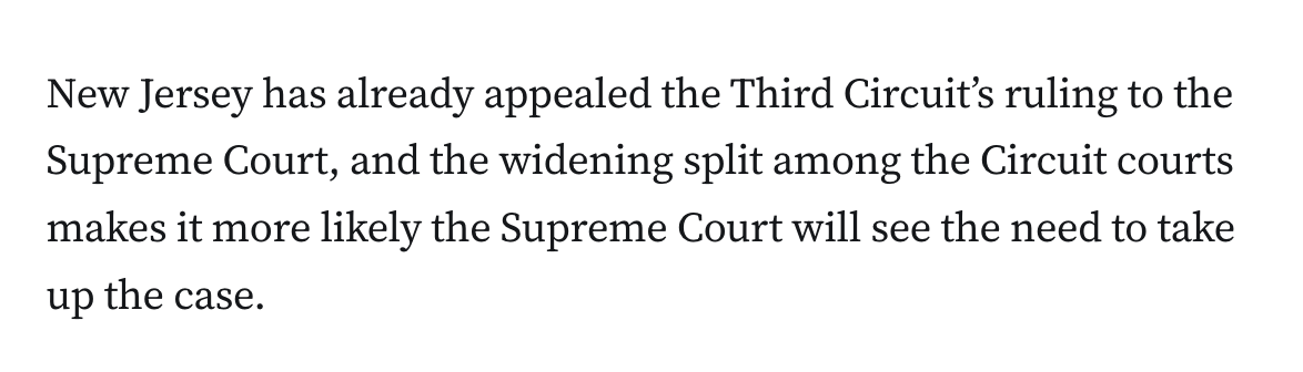 New Jersey has already appealed the Third Circuit’s ruling to the Supreme Court, and the widening split among the Circuit courts makes it more likely the Supreme Court will see the need to take up the case.