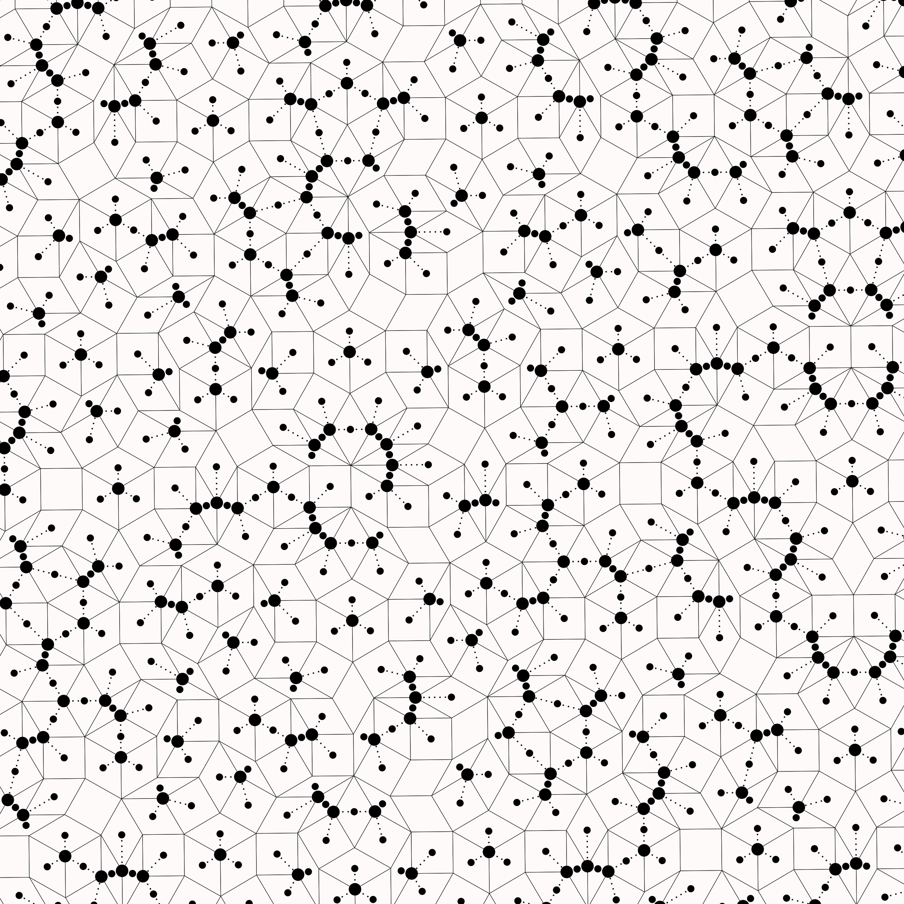 geometric tiling in black and white with some intersections and tile mid points marked with dots. all tiles are rhombi