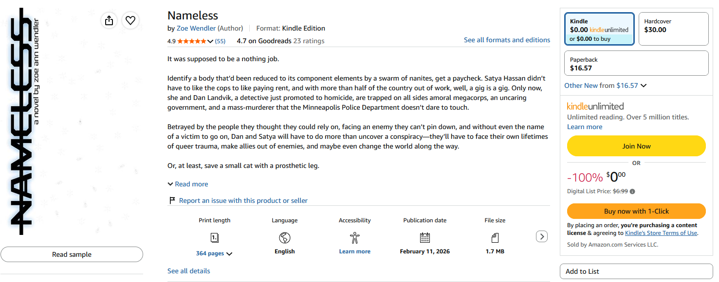 The listing for NAMELESS, which is free on ebook this week!